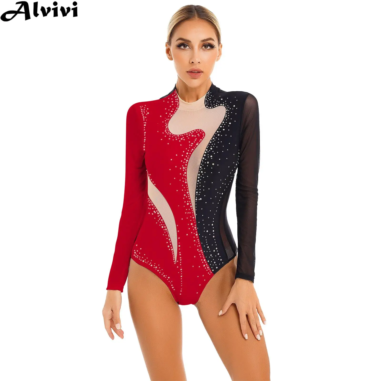 Women Figure Skating Leotard Ballet Dance Rhythmic Gymnastics Acrobatics Jumpsuit Long Sleeve Shiny Rhinestone Mesh Bodysuit