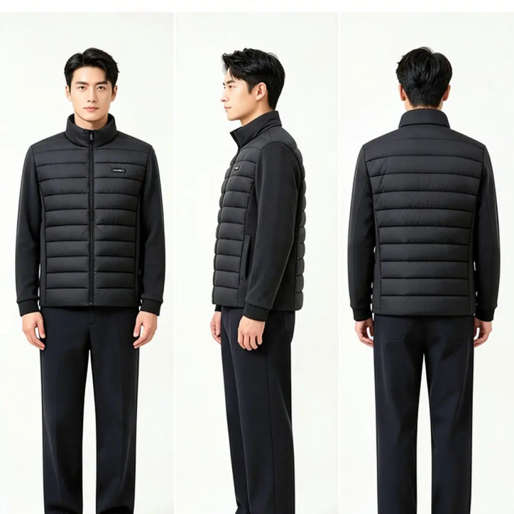Mens Black Cotton Jacket Slim Fit Casual Workwear Thermal Lightweight Coat Fashionable Stand Collar Outdoor Clothing Autumn
