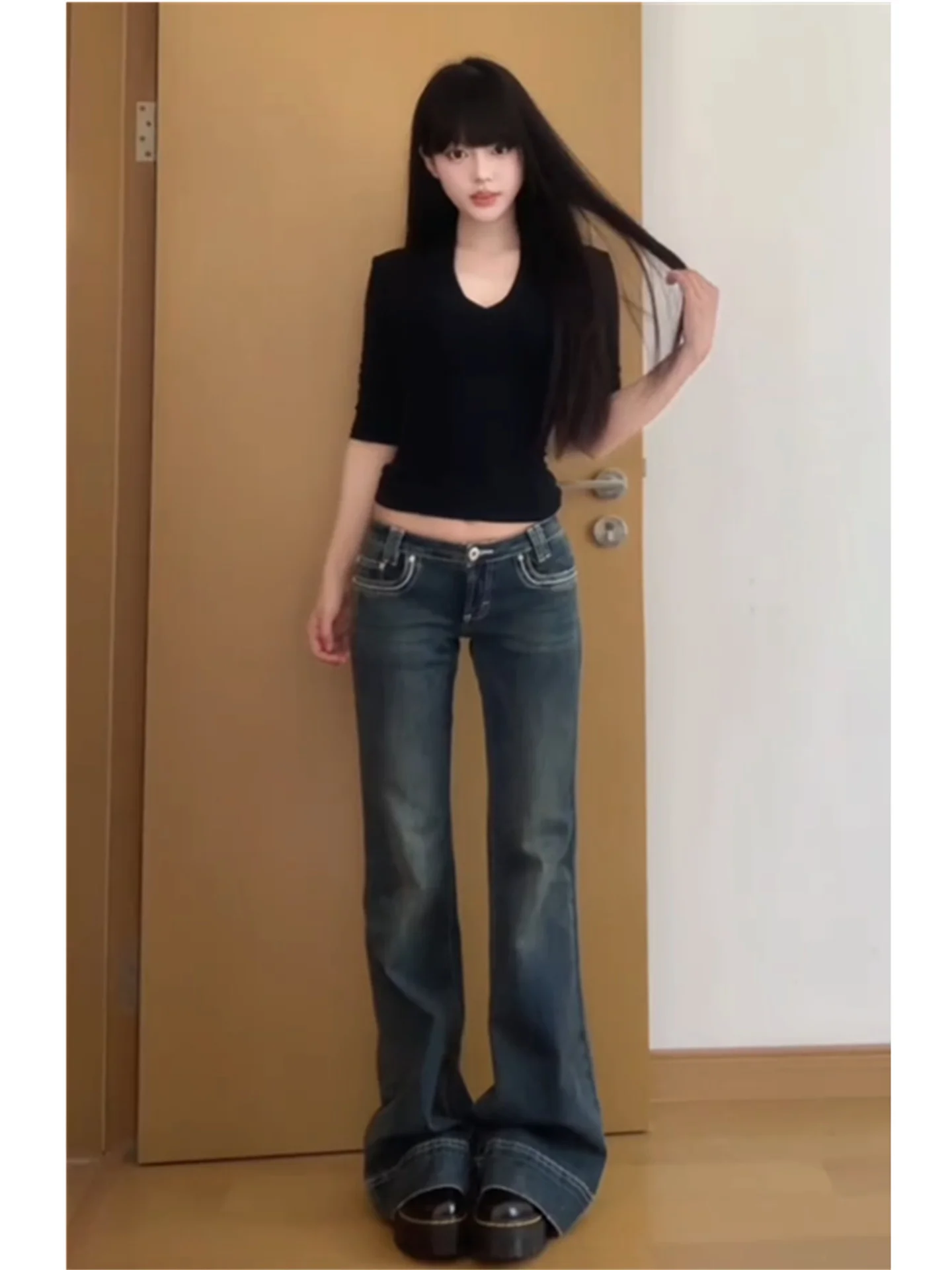 

Extended High Waist Y2K Low Rise Flared Denim Jeans Women's Spring Summer Slimming Floor Length Pants Vintage Wash Cotton