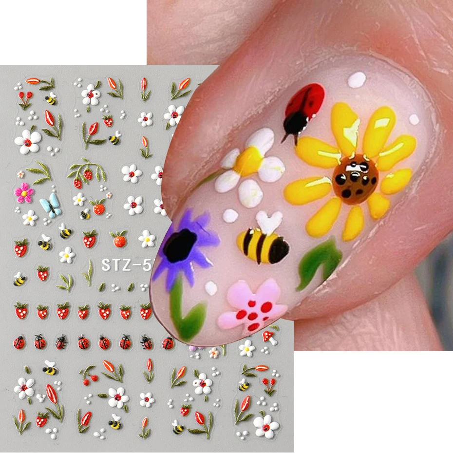 3D Embossed Kawaii Ladybug Sliders Spring White Daisy Flowers Nail Stickers DIY Simple Petals Wedding Nails Decals Accesories image 6