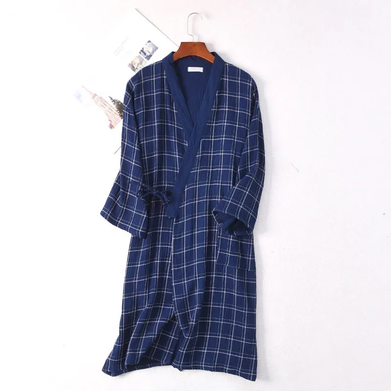 Couples Gauze Kimono Robes Plaid Bathrobe Homewear Long Sleeve Cotton Long Robe Women and Men Sleep Tops Loose Soft Sleepwear