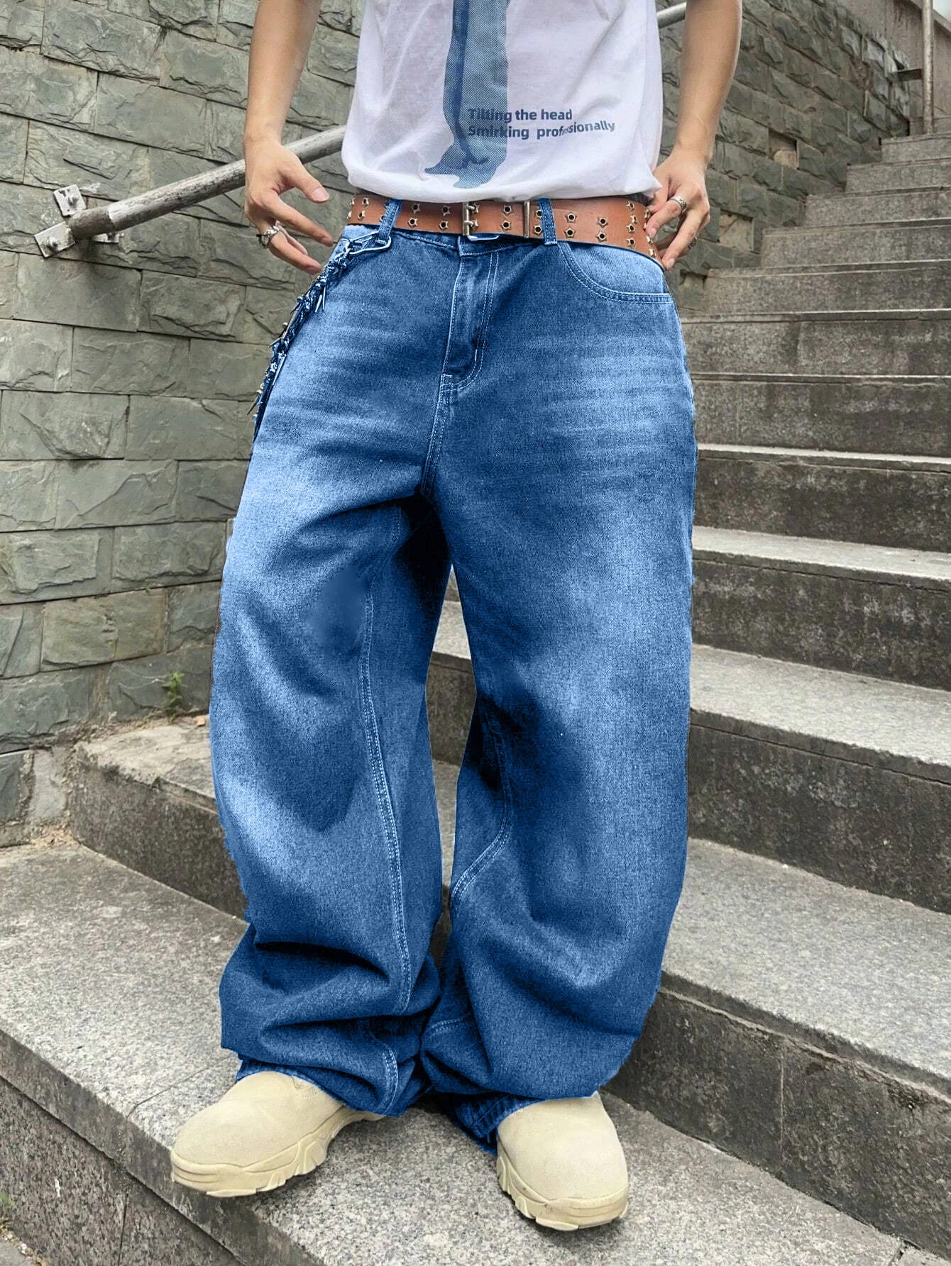 قطعة واحدة من جينز جينز رجالي فضفاض بنمط الهيب هوب - ملابس شارع غير رسمية، أزرق مغسول، بدون حزام/ديكور، مريح وأنيق f