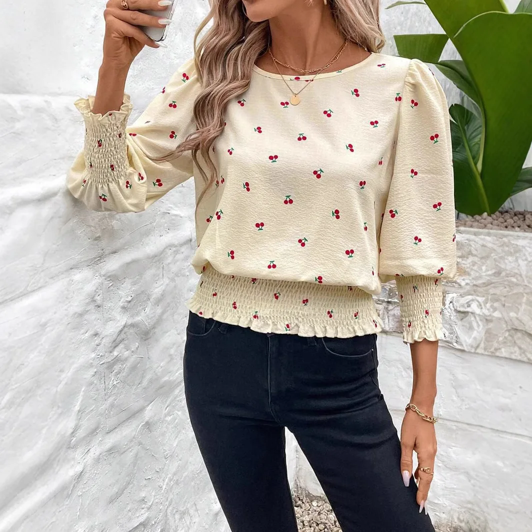 

Spring New Casual Cartoon Cherry Printed T-shirt Fashion Round Neck Lantern Sleeves Elastic Waist Pleated Solid Pullover Top