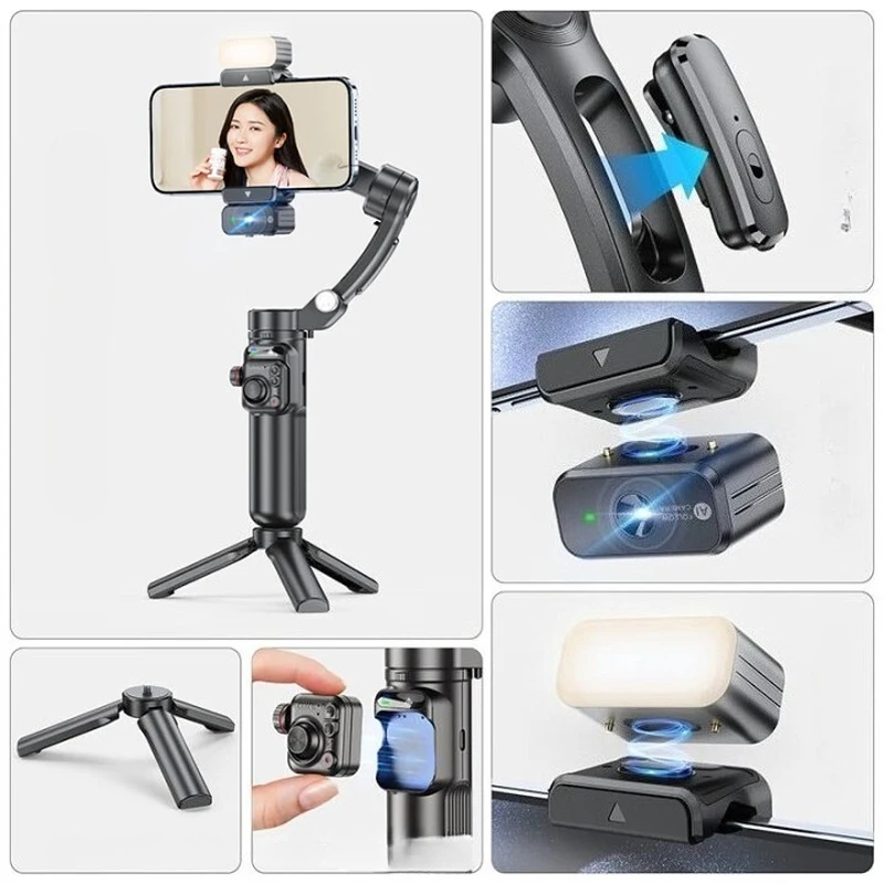 M03 Gimbal AI Tracking 3-Axis Stabilizer Magnetic Fill Light Detachable Mic Foldable Gimbal for iPhone Android for