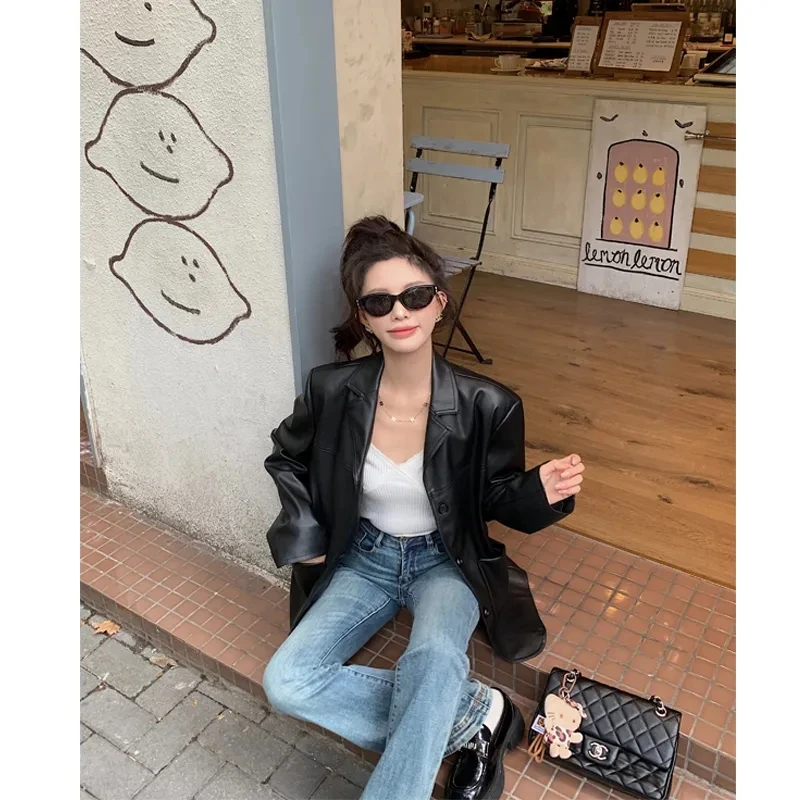 

Black Suit Leather Jacket Women's 2025 Early Autumn High-end Feeling Street Small Retro Hong Kong Style Loose Jacket