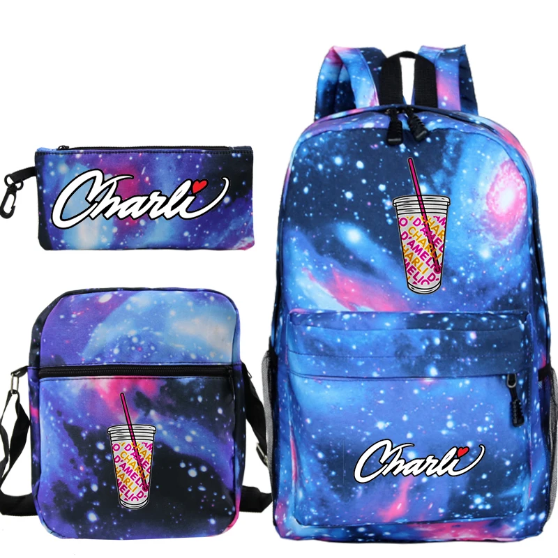 High Quality Charli Damelio Backpack Female Canvas Knapsack Gift 3 Pieces/set Boys School Bag Pencil Case Girls Crossbody Bags