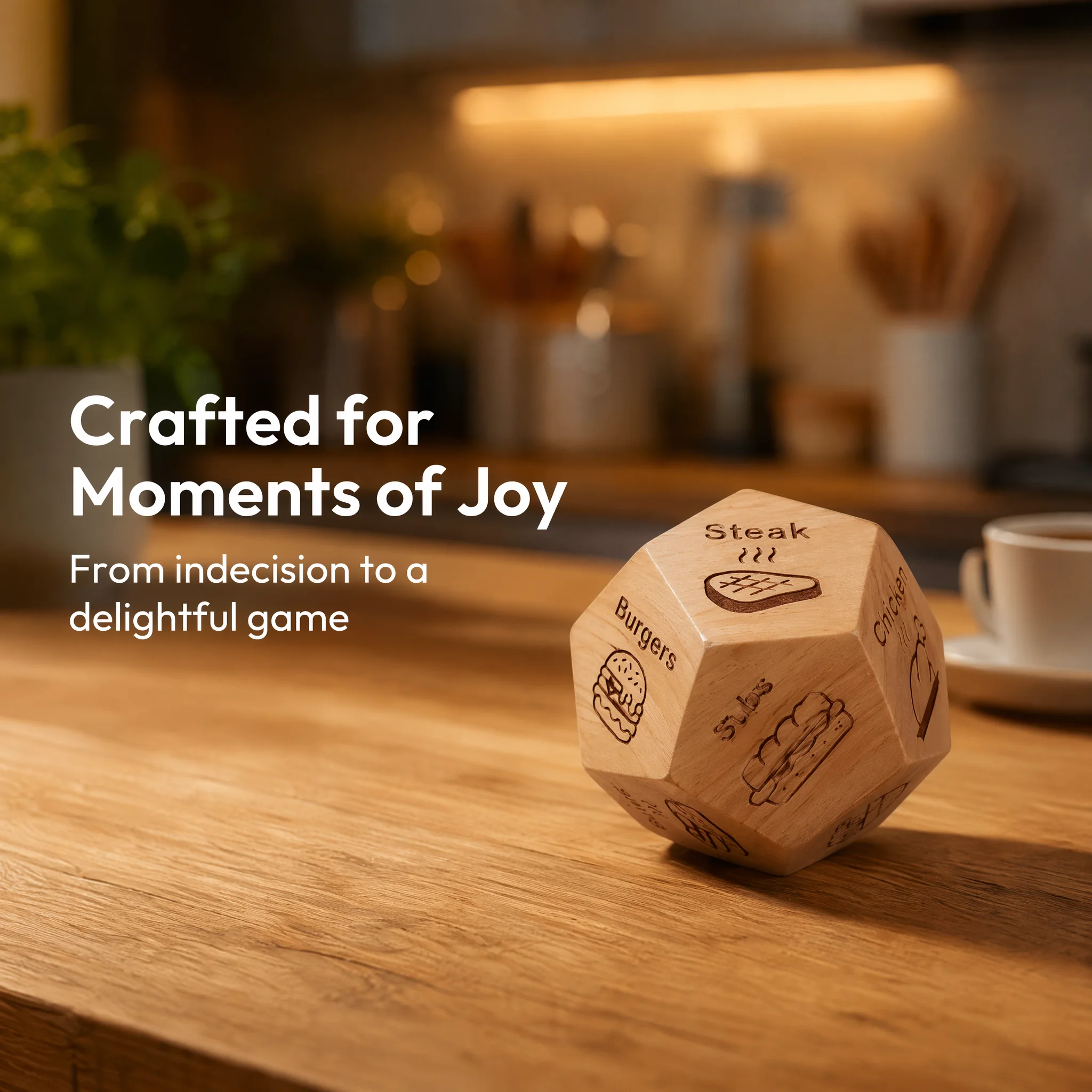 12-Sided Wooden Food Decision Dice, Premium Funny Date Night Dinner Maker, Precise Couples Wedding Anniversary Gift
