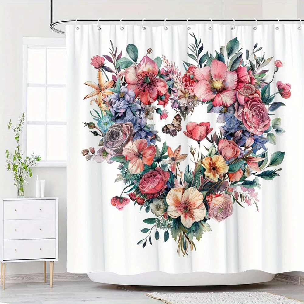 

1 шт. акварельная занавеска для душа в форме сердца с цветочным рисунком - яркие розовые, красные, фиолетовые, желтые цветы с зелеными листьями и лавандой,