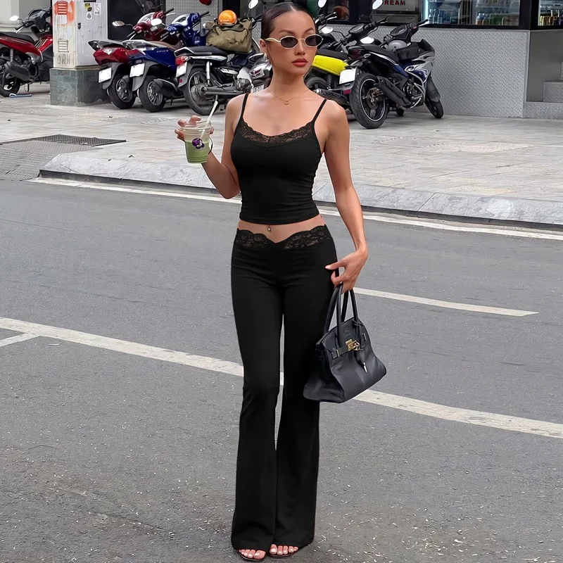 Fashionable Lace Patchwork High Waist Straight Leg Pants Set Summer 2026 Women's Casual Sportswear Ensemble Slimming Effect