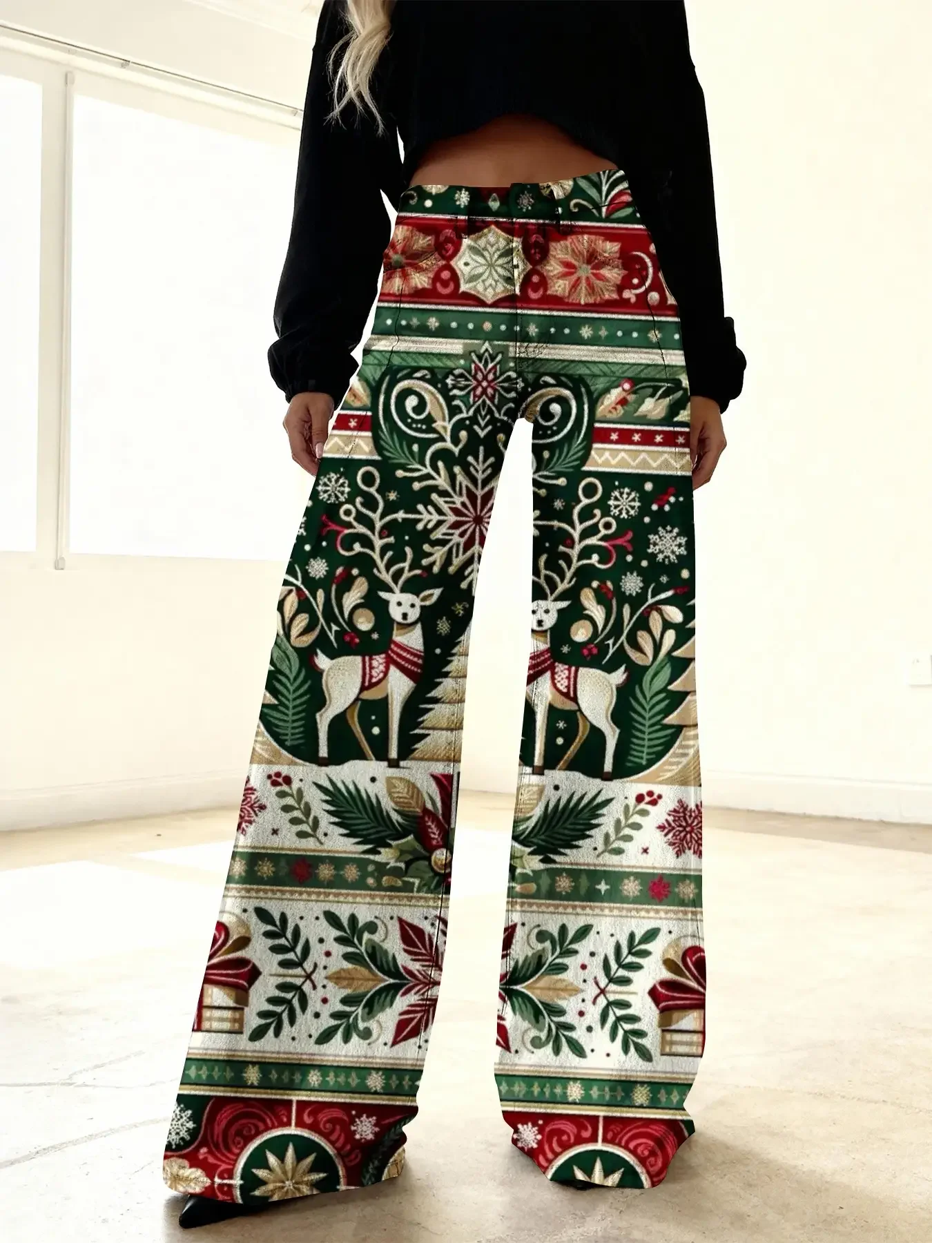 Ladies' new Christmas printed jeans made of imitation denim fabric, casual and fashionable, featuring a variety 
