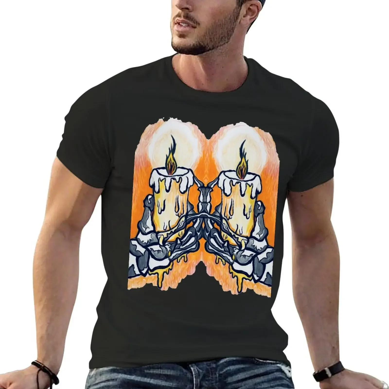 Melting Candles on Skeleton Hands T-Shirt croswit shirt man plus sizes mens vintage t shirts