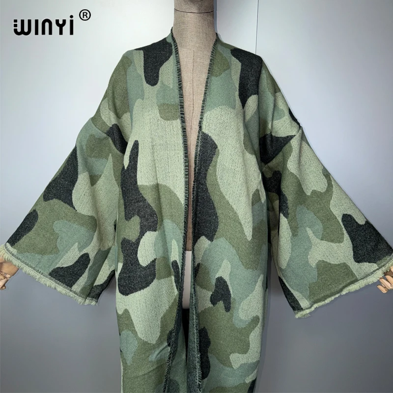 WINYI camouflage colour African women winter kimono long sleeve OverCoat abaya dubai luxury Open Front Long Cardigan party dress