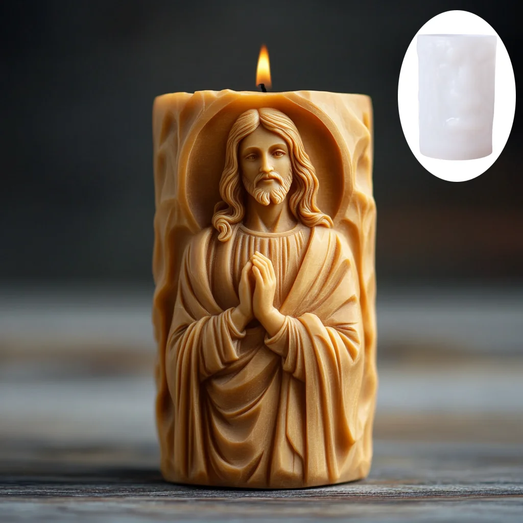 Prayer Jesus Relief Cylinder Candle Silicone Mold Flower Jesus Statue Relief Resin Mould Jesus Sculpture Concrete Gypsum Molds