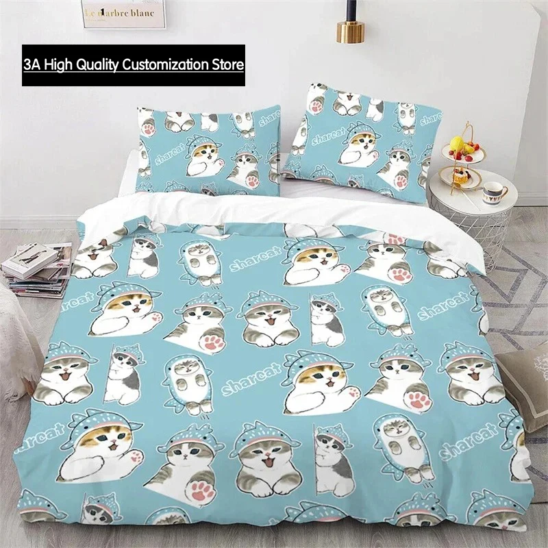 Cute Kitten Duvet Cover Pillow Case Mofusand Anime Shark Cat Bedding Set Single Double Queen Size Teen Gift Room Decor 3PCS set