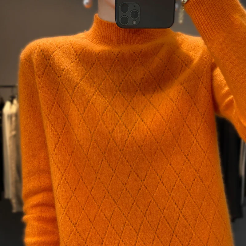 

Wool pullover half turtleneck diamond women's casual loose solid color autumn and winter new fashion Emma orange sweater2022