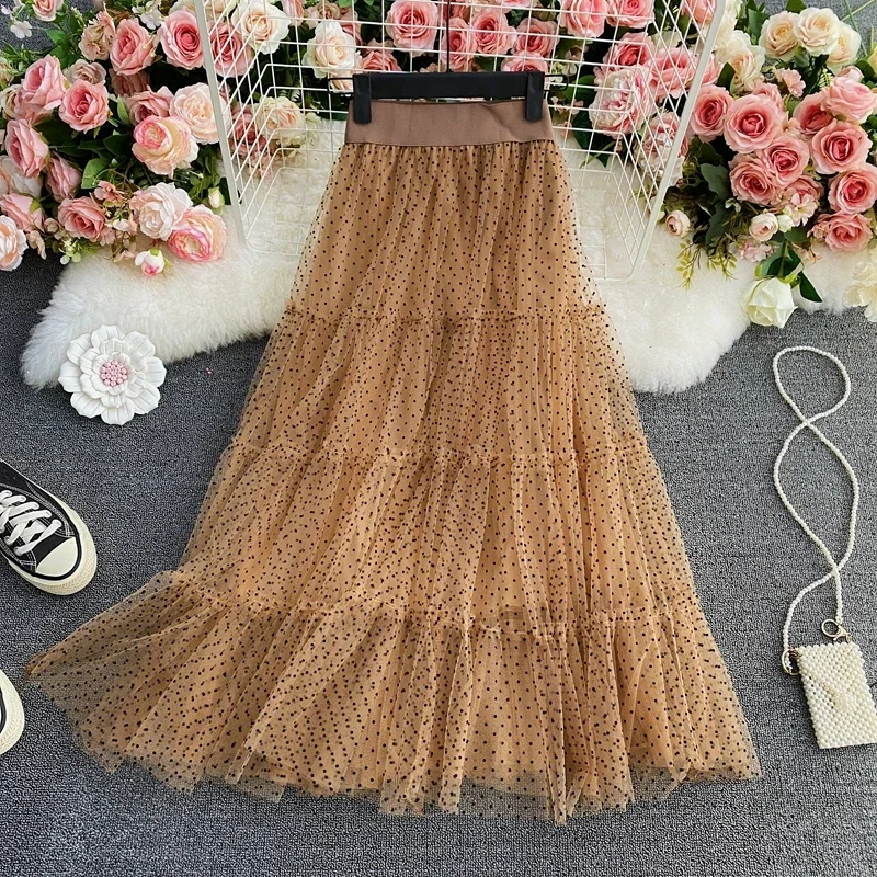 

Summer New Elegant Temperament Fashion Sweet High Waist Large Swing Mesh Puffy Skirt Elastic Waist Knee-length A-line Half Skirt