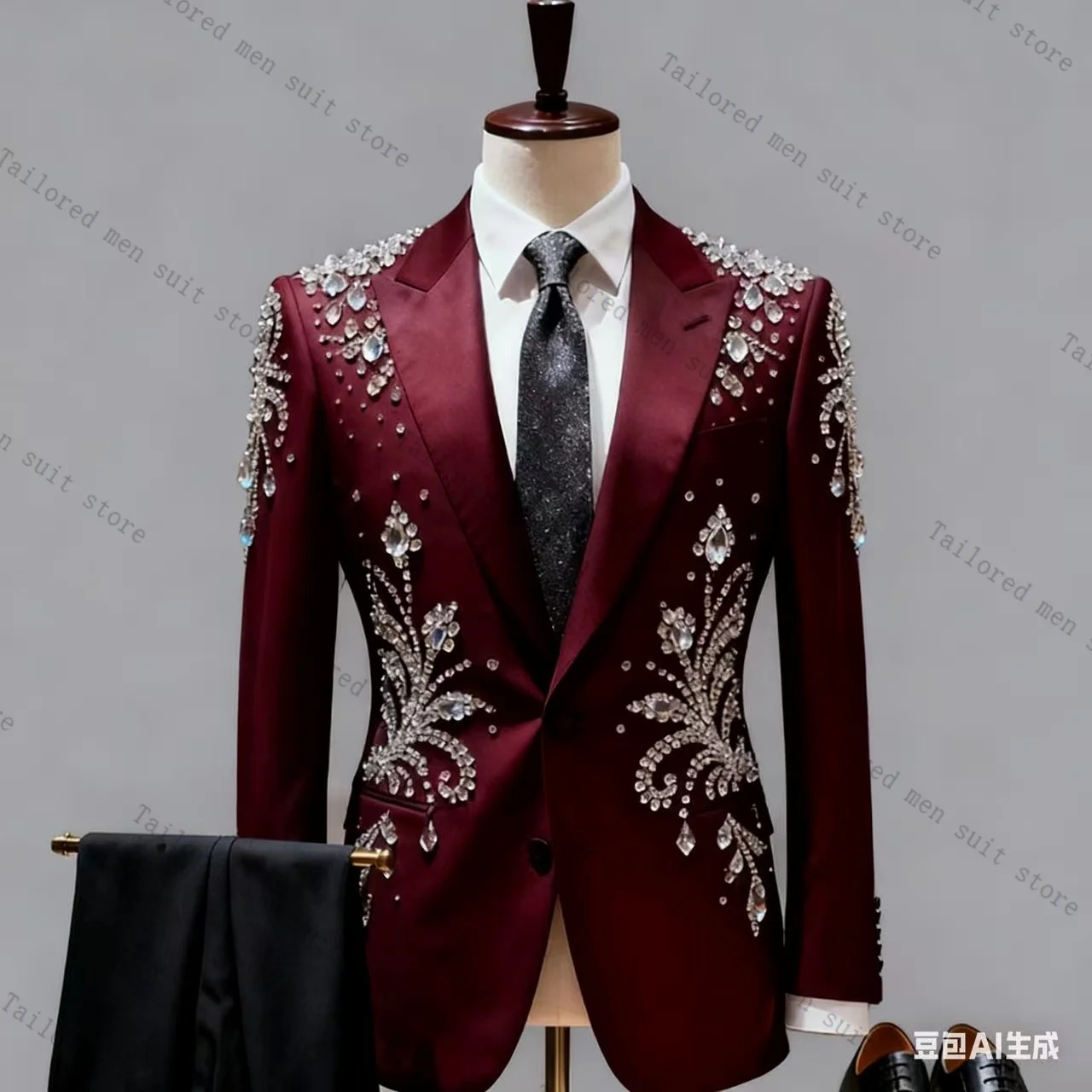 

Burgundy Crystals Men Suits Set 2 Pieces Blazer+Pants Trousers Groom Wedding Tuxedos Jacket Formal Office Cotton Customized Coat