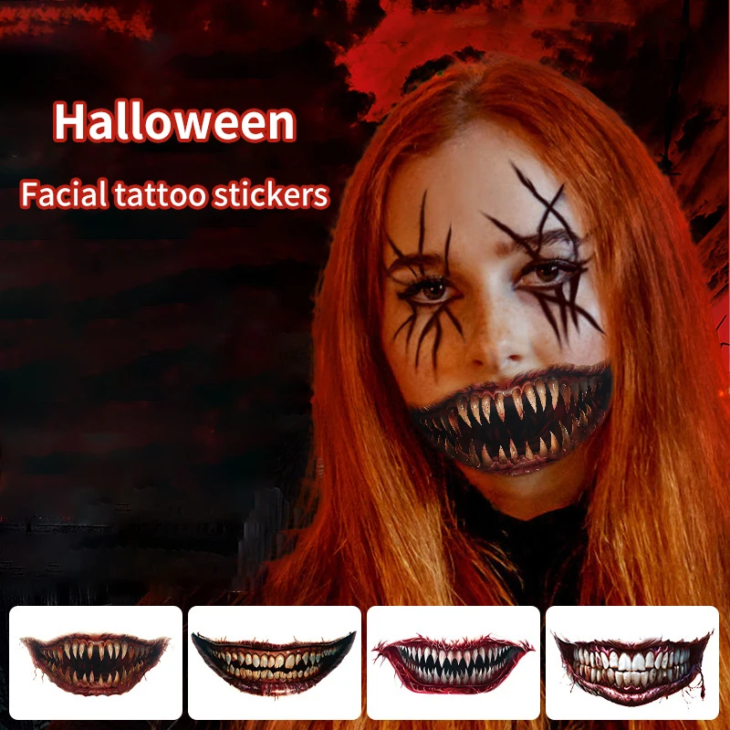 2 hojas de pegatinas de tatuaje impermeables para fiesta de Halloween, tatuajes temporales de boca aterradora para mujeres y hombres, maquillaje facial, tatuaje falso