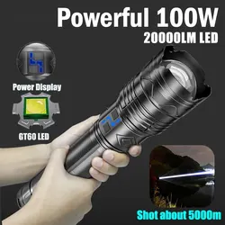 強力なLED懐中電灯100w gt60,戦術的な懐中電灯,充電式,ズーム可能,非常灯,長距離,キャンプ,屋外使用