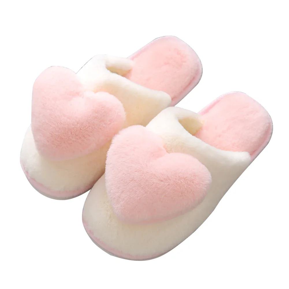 Unisex Plush Heart Slippers Non-Slip Heart Warm Slippers Soft Winter Platform Slippers Lovers Home Slippers