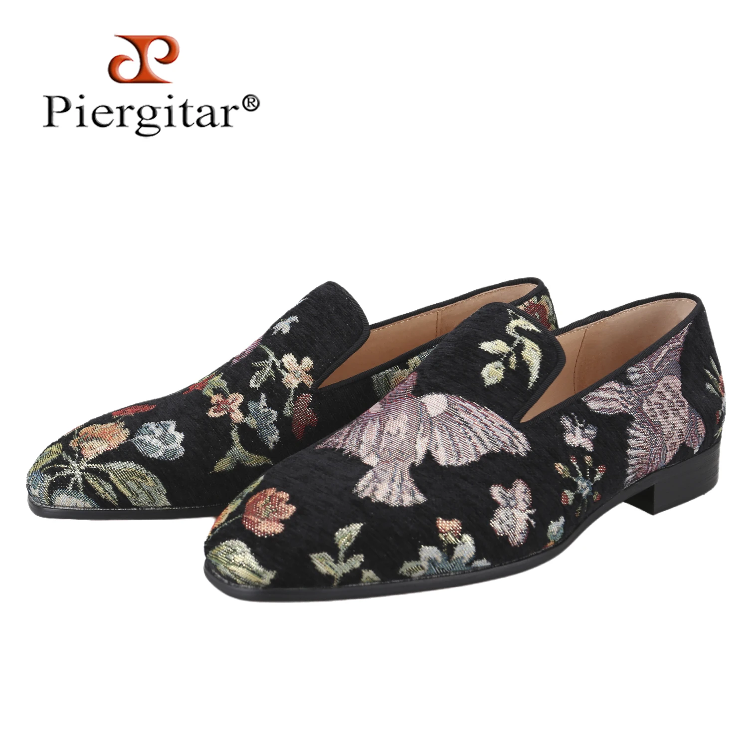 Piergitar Customized Florals And Birds Of Black Velvet Silk Men Loafers Handmade Moccasins CL Brand Same Model Red Color Bottom