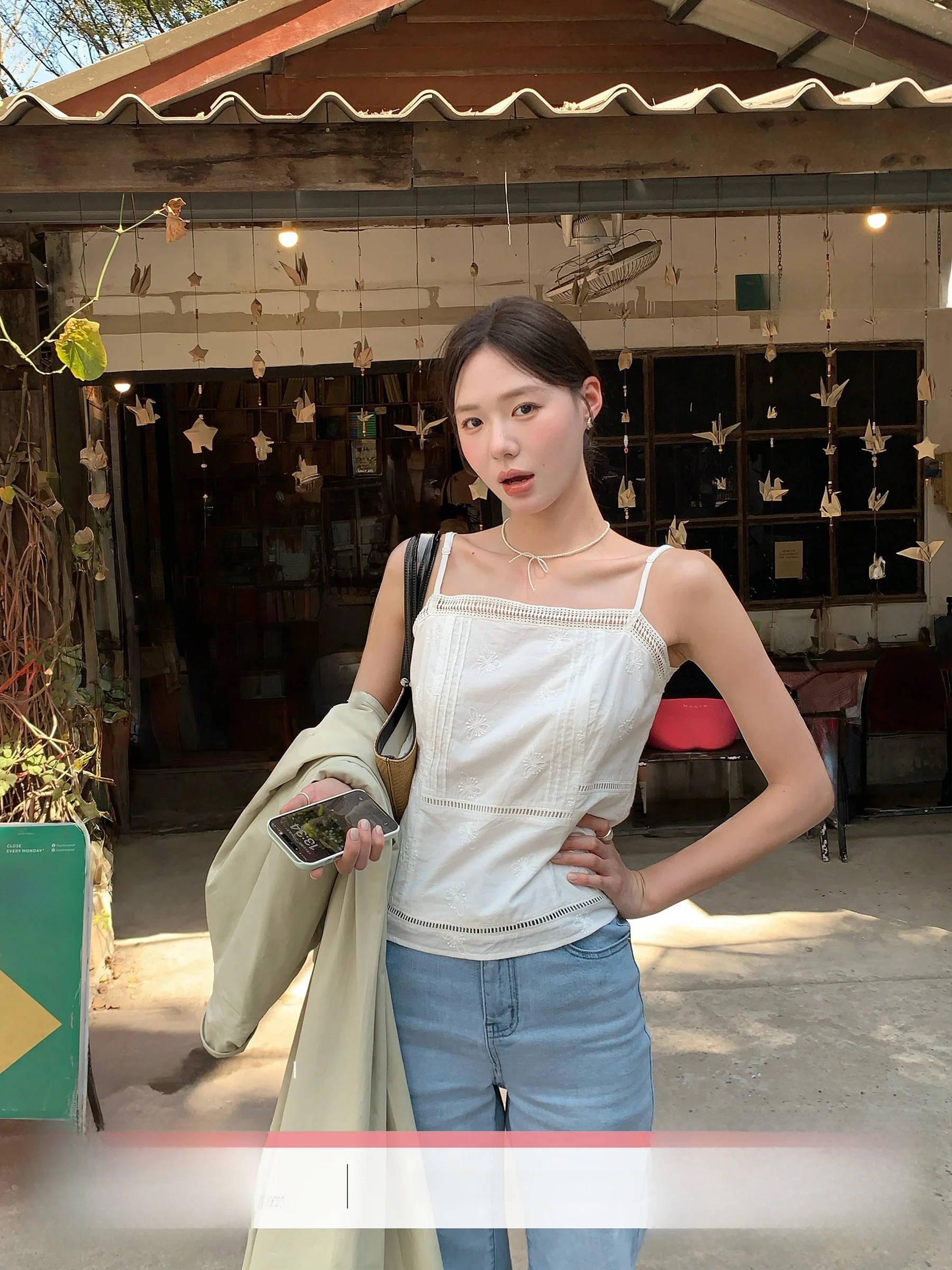 

Hand Embroidered Cotton Lace Trim Halter Top Women's Fashion Spring Summer Short Sleeve Square Collar No Tag Korean Style