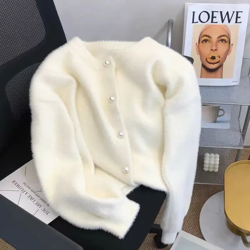 

Imitation Sweater Cardigan Women Korean Slim Plush Knit O-neck Short Tops Casual Knitwear Gilet Jackets Soft Malhas Coats