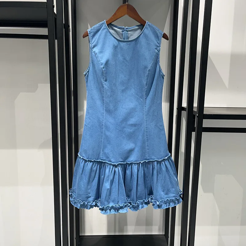 

2025Summer New Fashion Versatile round Neck Sleeveless Hem Ruffles Dress