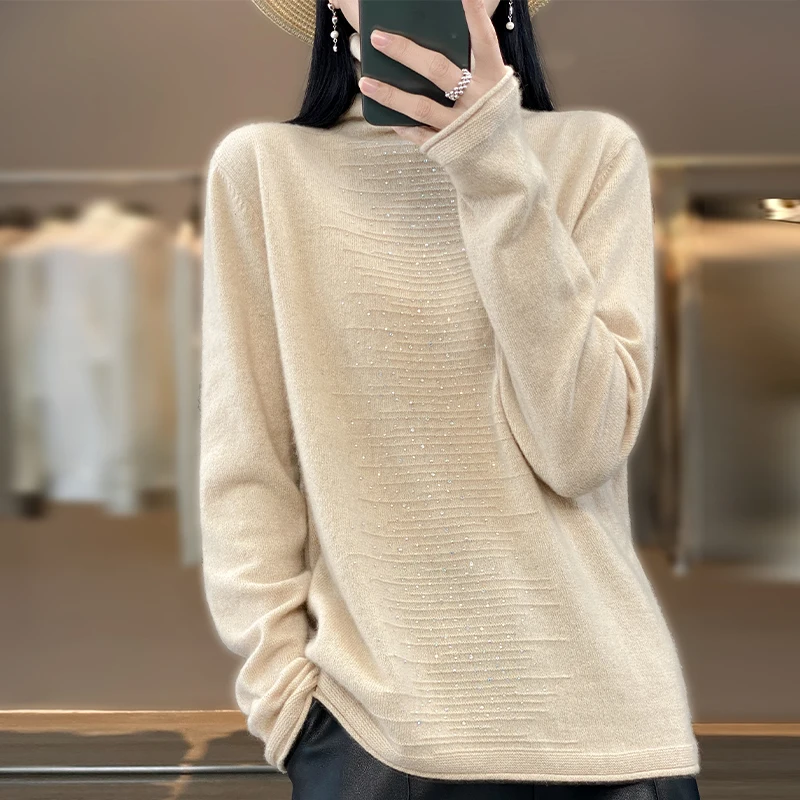 2024 Autumn/Winter New High Collar Sweater Women\'s 100% Pure Wool Knit Pullover Luxury Design Clothing Turtleneck Warm Sweater