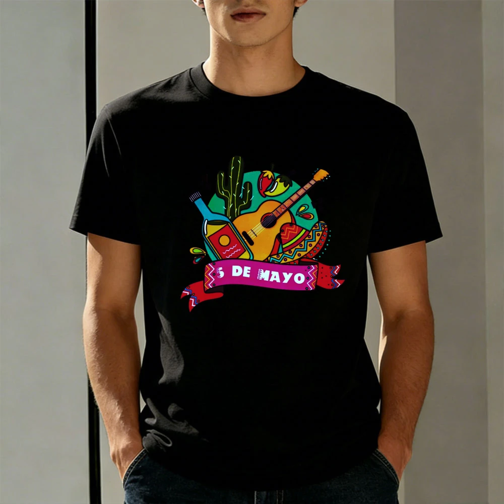 Cinco De Mayo Men T-Shirt Cotton Summer Short Sleeve Fashion Tee with Guitar Cactus and Mexican Flag Design for Party Gift Top