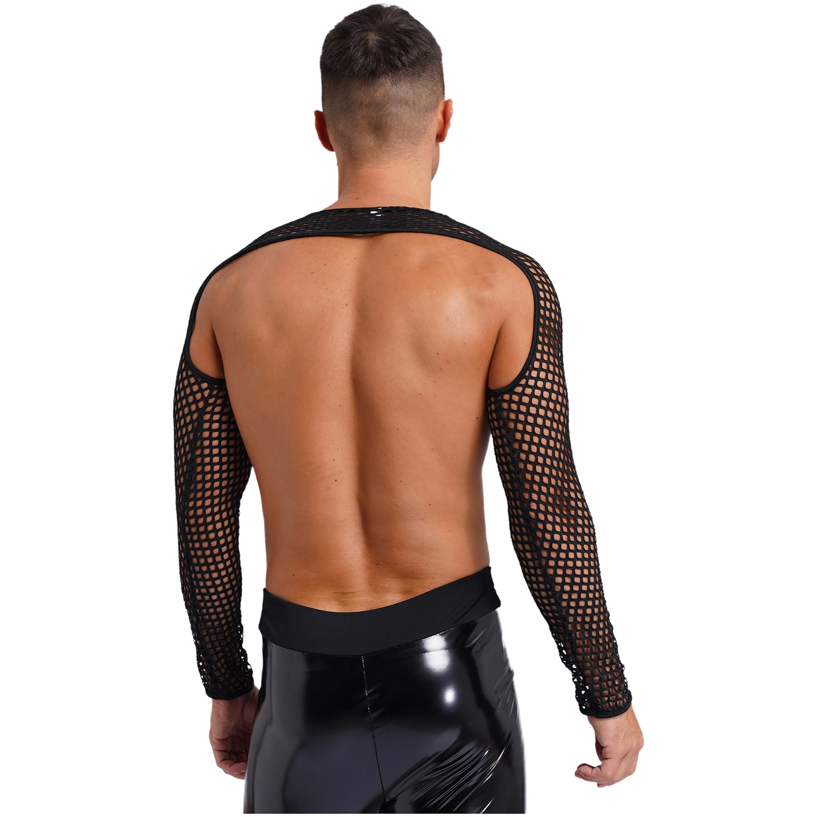 Mens Hollow Out Fishnet Festival Crop Top See-through Cover Ups O Ring Round Neck Long Sleeve T-shirt Tops Front with O Ring