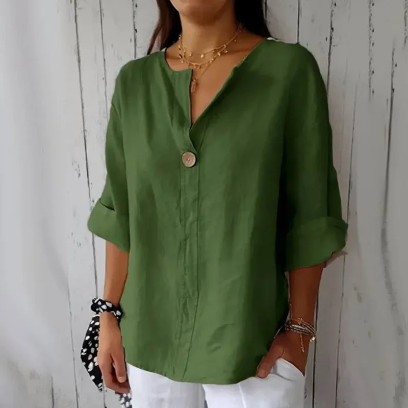 

Plus-size Women's Spring and Summer New Arrival Solid Color European and American Casual Style Cotton Linen Mid-sleeve T-shirt