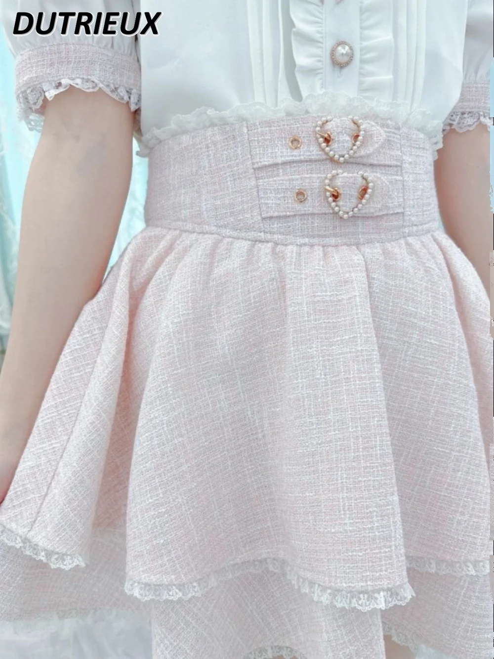 Japanese Mine Double Heart Buckle Tweed Lace Layered Pantskirt Sweet Cute Girl Versatile High Waist Pure Color Short Skirt