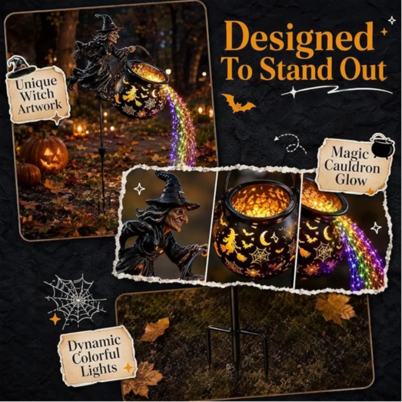 Halloween Flying Witch Cauldron Garden Light Colorful Cascading Lighting Effect Outdoor Lawn Patio Porch Yard Lamp Holiday Party