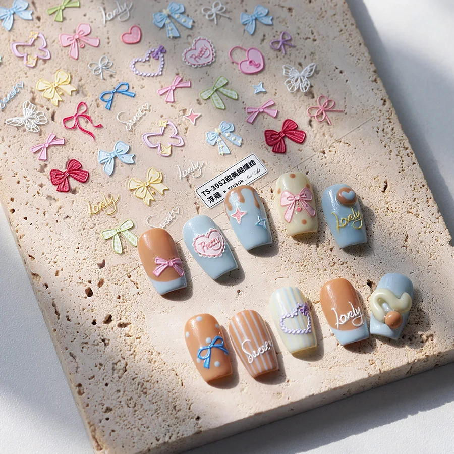 Süße Schleife Schmetterling süße Liebe Herz Kaninchen Hase zarte 5D Nail Art Aufkleber Relief DIY selbstklebende Maniküre Aufkleber