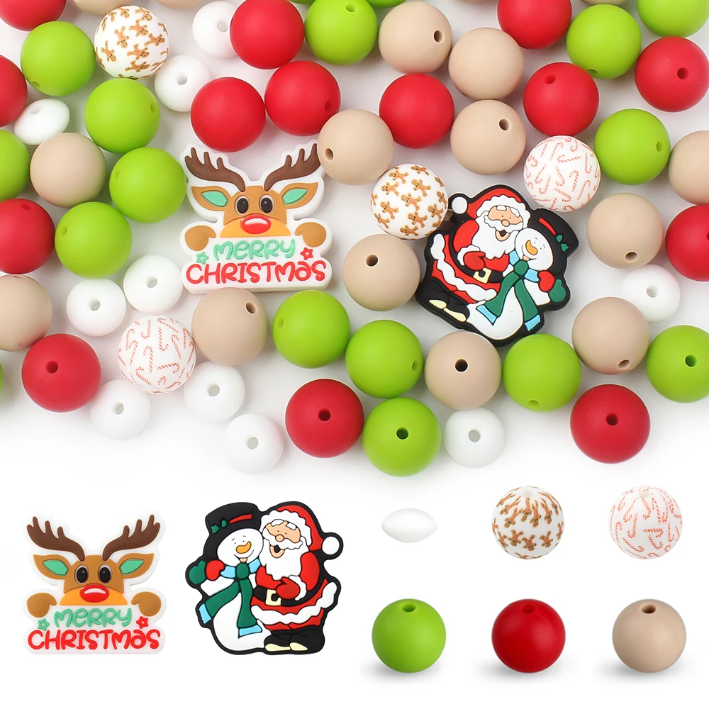 40Pcs New Christmas Silicone Beads Set Santa Elk Claus focal Beads for Pen Jewelry Making DIY Keychain Necklace Accessory Decor