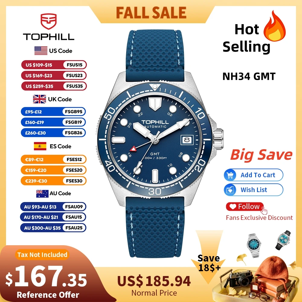 Tophill 39.5mm Automatic NH34 GMT Watch Swim 3H Date Window Mechanical C3 Green Lume 100M Waterproof Sapphire Crystal TD011G