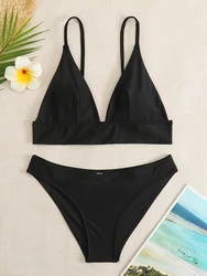 Bikini brasileño de cintura alta para mujer, traje de baño de dos piezas con cuello en V, cintura alta, color negro liso, 2023