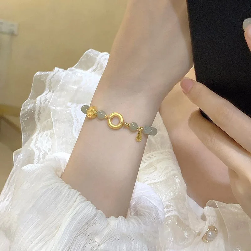 

Chinese style gold transfer ring Hotan Jade beaded lady bracelet simple classical jewelry