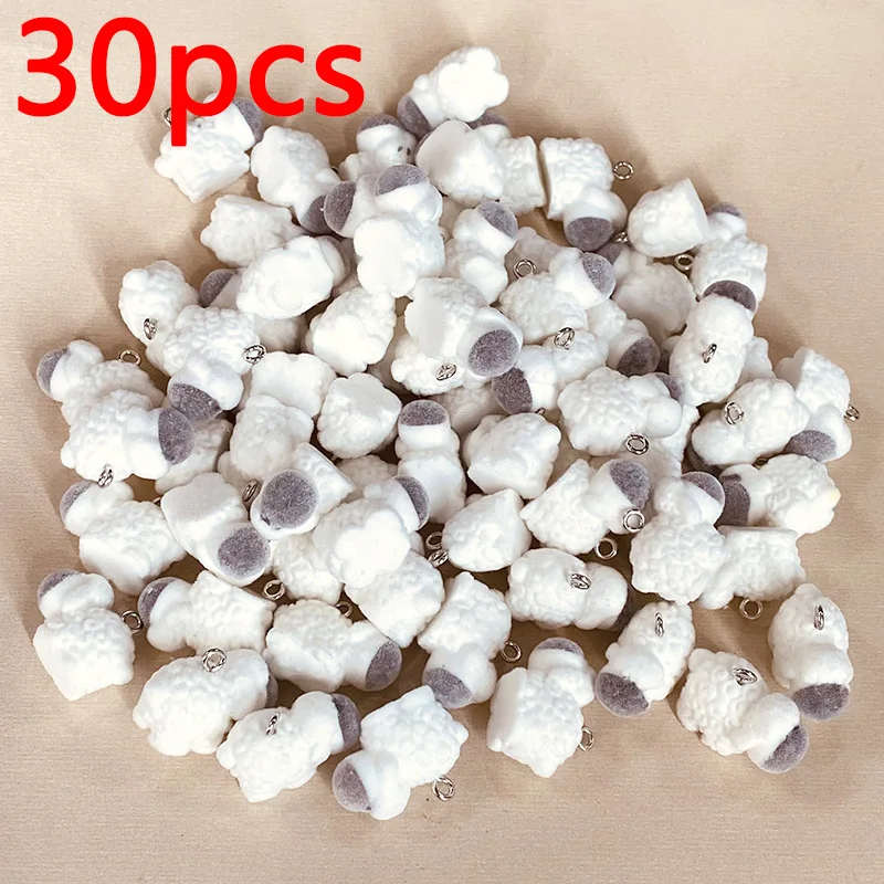 30pcs Flocked Sheep Resin Charms Bulk Wholesale Miniature Fluffy Doll Pendants For Earring Small Keychain Necklace Jewelry Charm