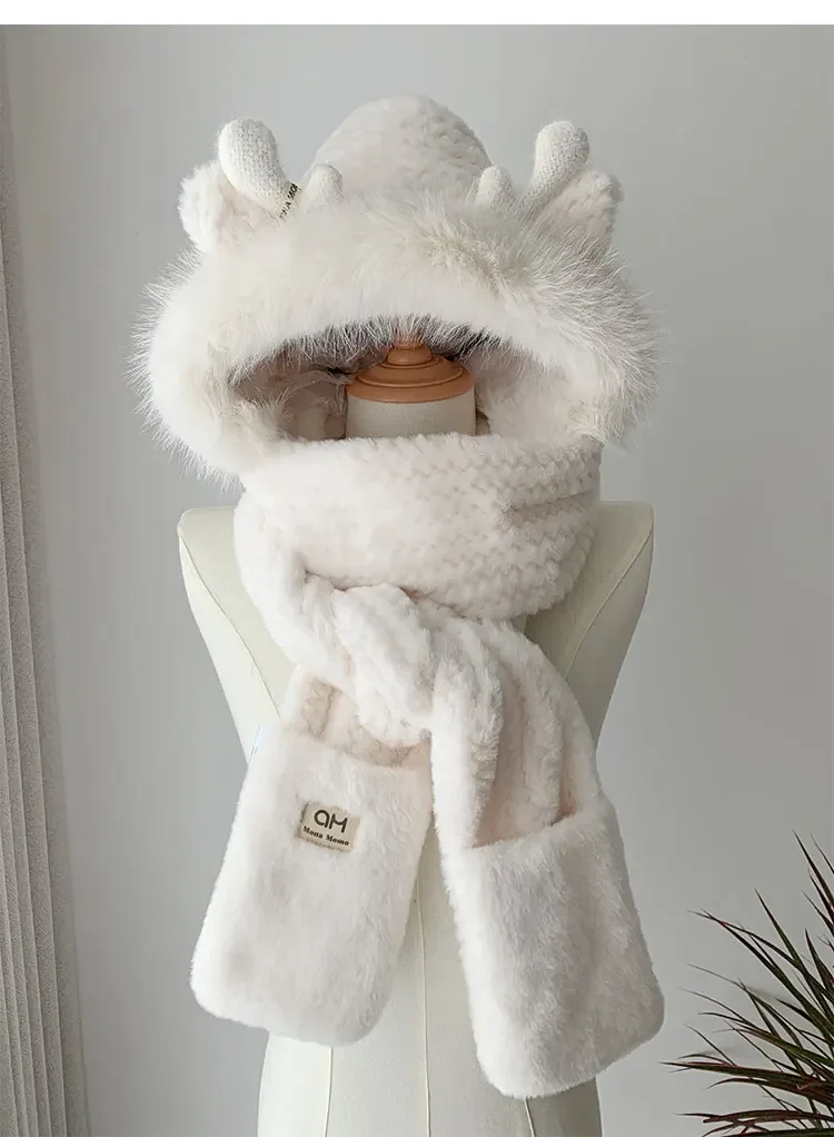 แฟชั่น Elk Antlers ตุ๊กตาหมวกผ้าพันคอถุงมือผู้หญิงฤดูหนาวป้องกันหูหนา Lei Feng หมวกขี่จักรยานหมวกสกีลม