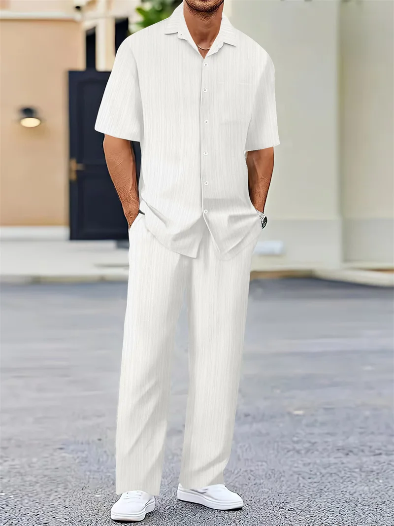 spring Summer Men Sets short-sleeve cardigan lapel shirt+trousers suit men's fashion 2 pieces tracksuit striped leisure suit
