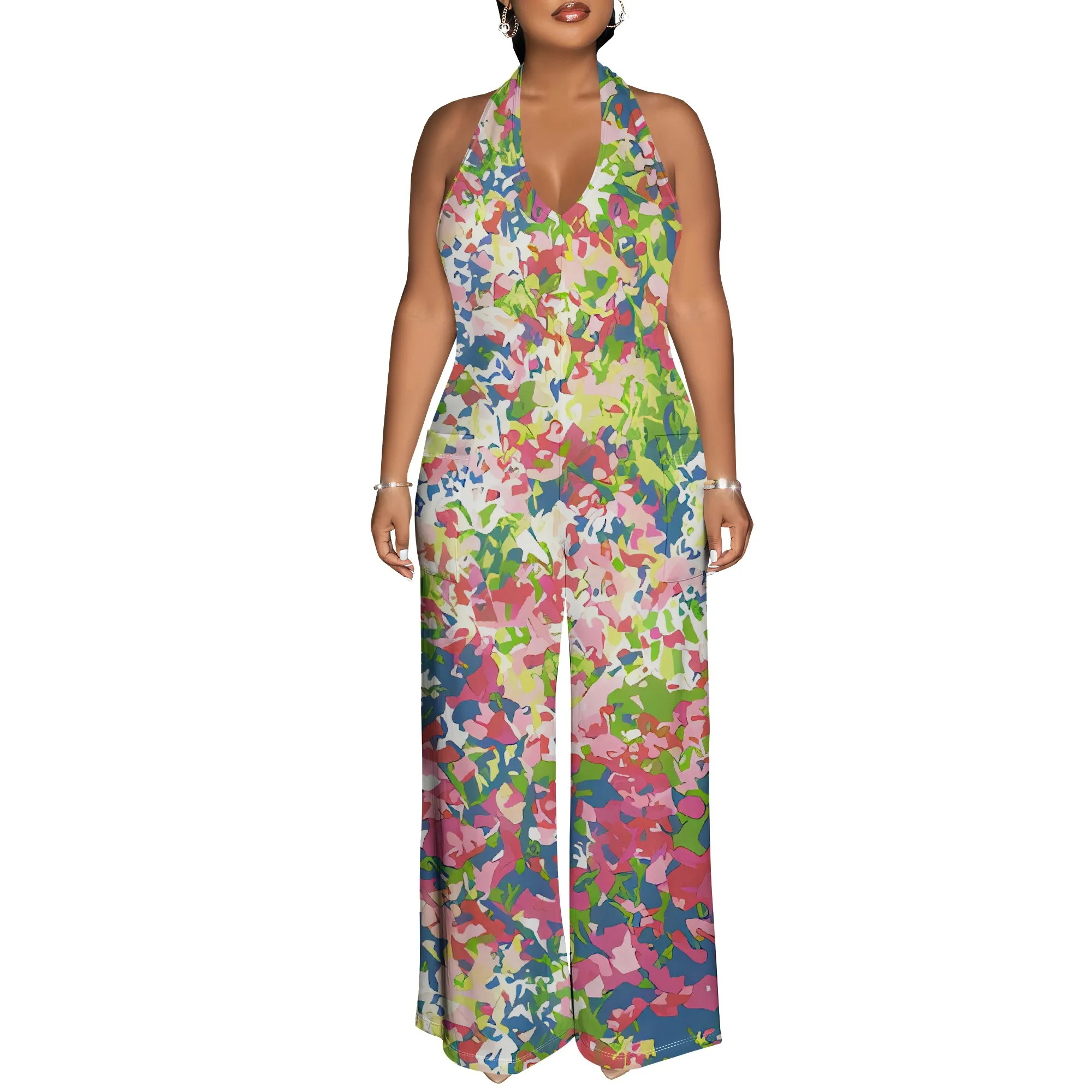 Nupusa Overall mit Blumendruck für Damen, normale Größe, Sommer, lässiger Neckholder-Overall mit weitem Bein