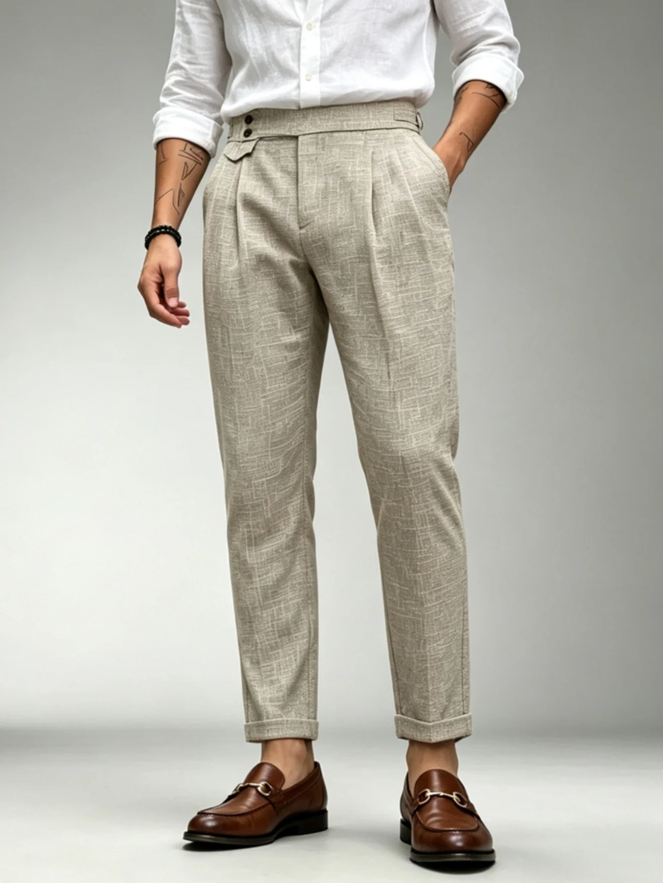 Men's High Waist Naples Dress Pants Textured Linen Pleated Cropped Trousers Gurkha Waist Roll Cuff Business Casual Suit Pants