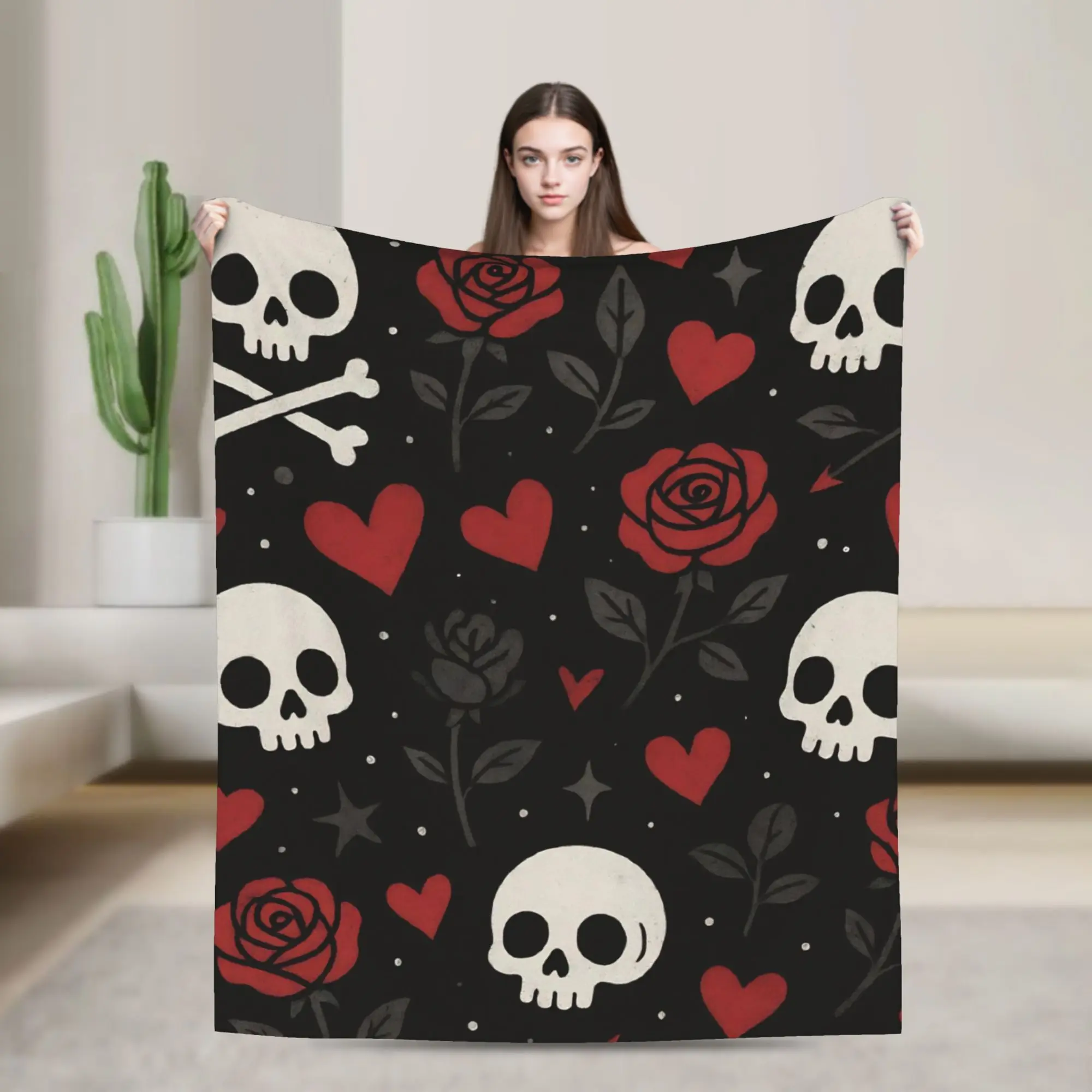 Halloween Skulls And Flowers Gothic Goth Blanket Multi-size Soft Fuzzy Plush  Throw Blankets for Couch Sofa and Bed