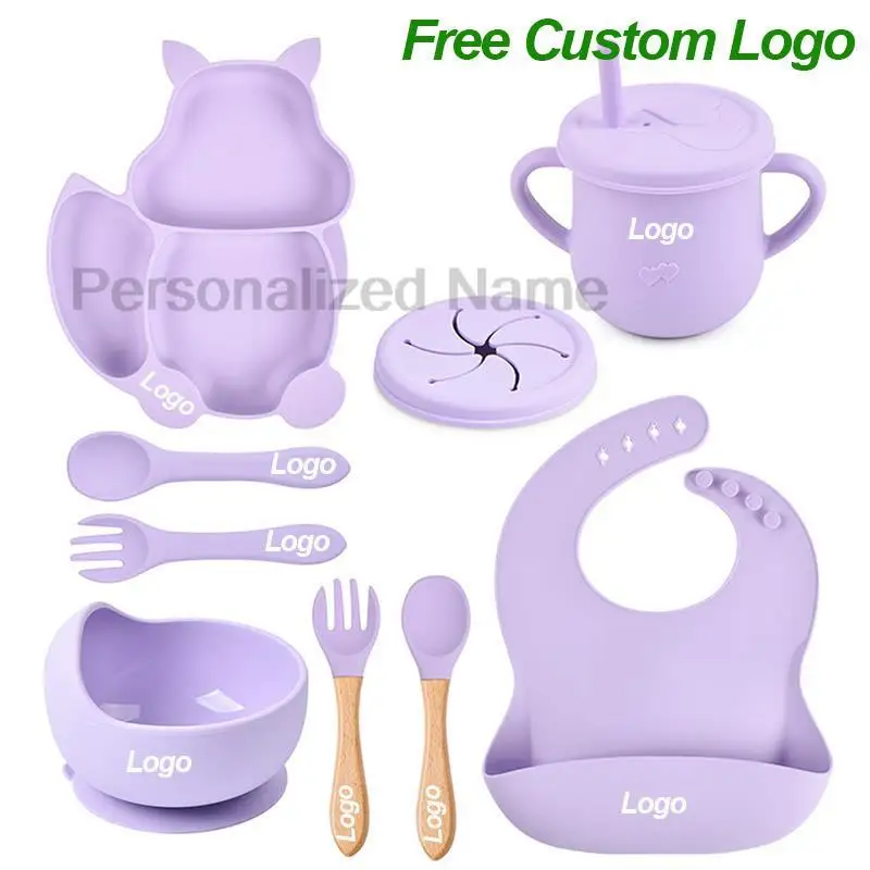 Personalized Name Silicone Tableware Set For Kids 8Pcs Baby Solid Feeding Set Squirrel Plate Dishes Sucker Bowl Bib Newborn Gift