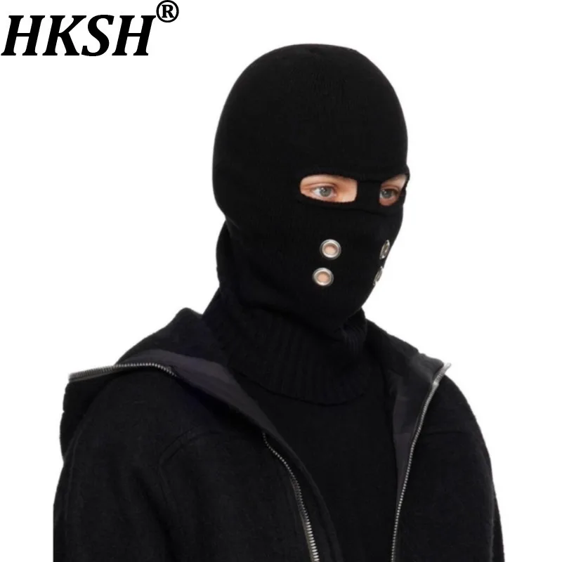 

HKSH Autumn Winter New Man Tide Dark Style Knitted Hat Metal Four-Hole Head Cap Mask Gothic Trendy Niche Fashion Beanies HK13633