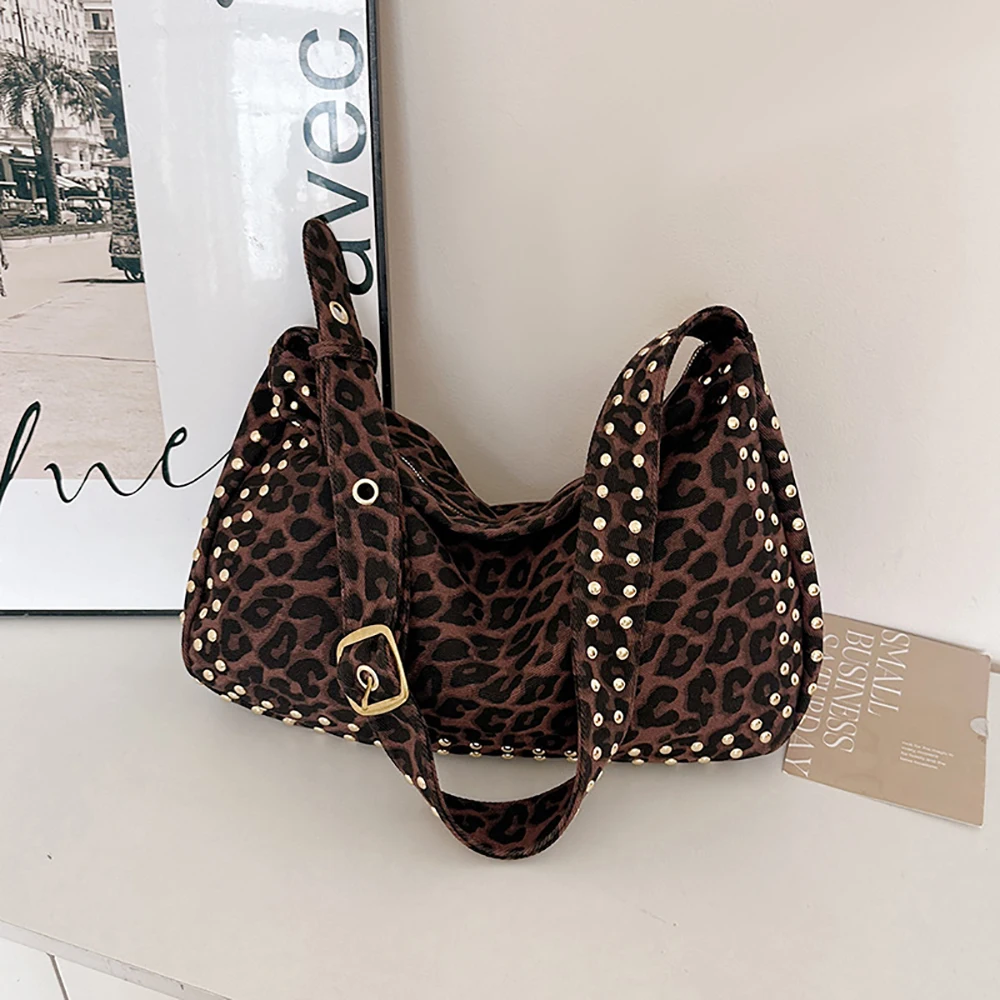 

Холщовая сумка через плечо с леопардовыми заклепками большой емкости, женская модная универсальная сумка-тоут, мягкие сумки на одно плечо для поездок на работу