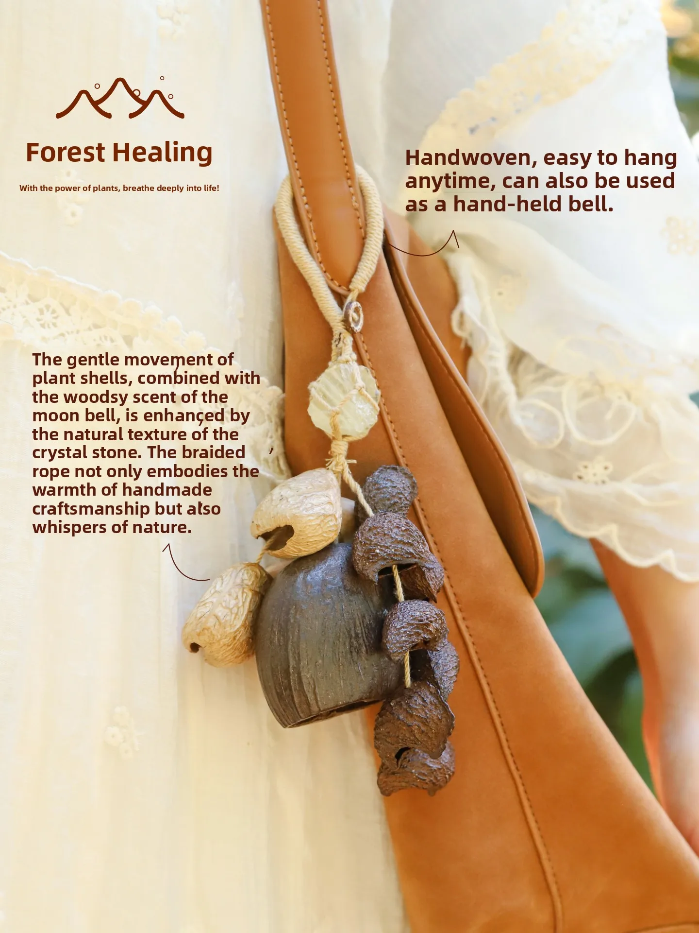 Menshino Natural Plant Seed Fruit  Bag Charm Moon Phase Pendant Hand Shake Bell Small Decoration Gift