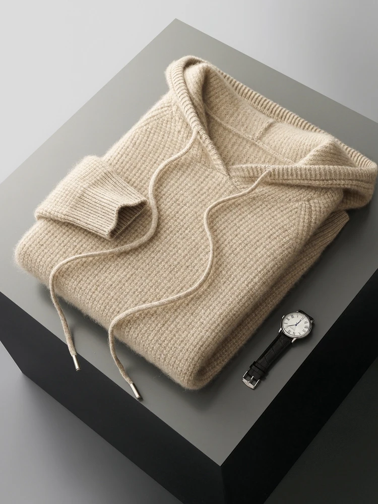Men Clothing Autumn Winter 100% Cashmere Sweater Luxury Thick Waffle Hooded Pullover Sporty Casual Quality Basics Knitting Tops